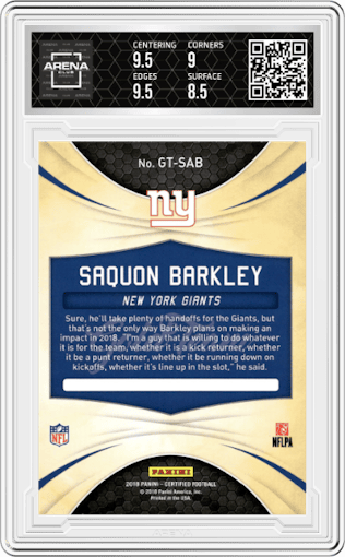 Saquon Barkley from the 2018 Panini Certified set graded by Arena Club and given an overall grade of 9.