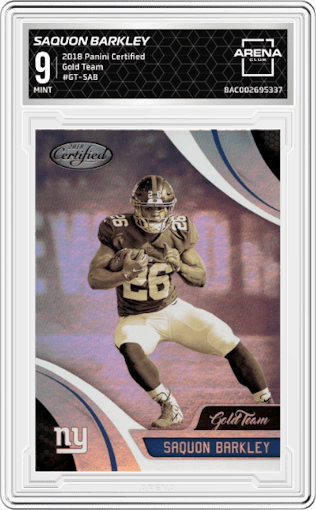 Saquon Barkley from the 2018 Panini Certified set graded by Arena Club and given an overall grade of 9.