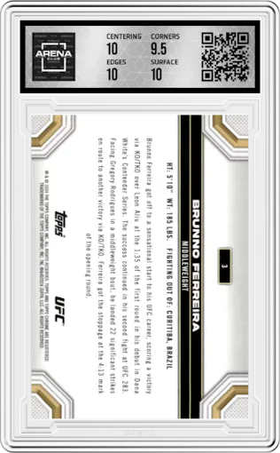 Brunno Ferreira from the 2024 Topps Chrome UFC set featuring a Aqua Refractor parallel graded by Arena Club and given an overall grade of 10.