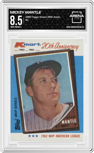 Mickey Mantle from the 1982 Topps Kmart 20th Anniversary set graded by Arena Club and given an overall grade of 8.5.