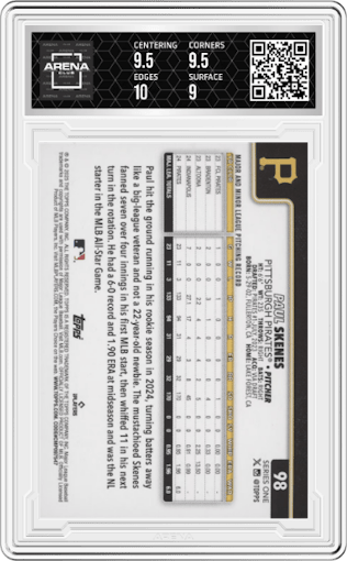 Paul Skenes from the 2025 Topps set graded by Arena Club and given an overall grade of 9.5.