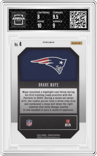 Drake Maye from the 2024 Panini Prizm set featuring a Green Prizm parallel graded by Arena Club and given an overall grade of 8.5.