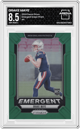 Drake Maye from the 2024 Panini Prizm set featuring a Green Prizm parallel graded by Arena Club and given an overall grade of 8.5.