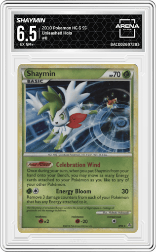 Shaymin from the 2010 Pokemon HG & SS set graded by Arena Club and given an overall grade of 6.5.