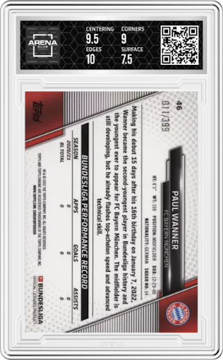 Paul Wanner from the 2021-22 Topps Chrome Bundesliga set featuring a Magenta Wave Refractor parallel graded by Arena Club and given an overall grade of 8.