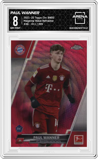 Paul Wanner from the 2021-22 Topps Chrome Bundesliga set featuring a Magenta Wave Refractor parallel graded by Arena Club and given an overall grade of 8.