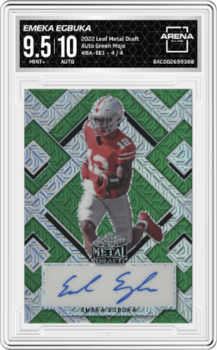 Emeka Egbuka from the 2022 Leaf Metal Draft set featuring a Green Mojo parallel graded by Arena Club and given an overall grade of 9.5.