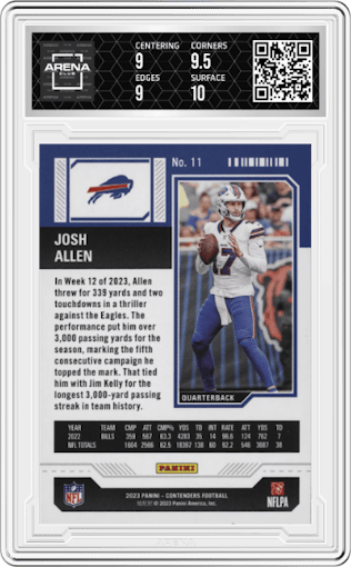 Josh Allen from the 2023 Panini Contenders set graded by Arena Club and given an overall grade of 9.5.