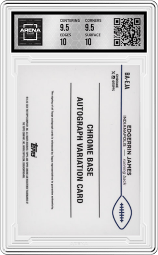 Edgerrin James from the 2024 Topps Chrome set featuring a Orange Geometric Refractor parallel graded by Arena Club and given an overall grade of 10.