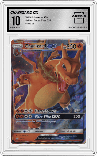 Charizard GX from the 2019 Pokemon S&M  set featuring a Hidden Fates Tins parallel graded by Arena Club and given an overall grade of 10.