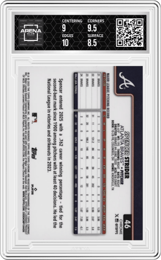 Spencer Strider from the 2025 Topps Chrome set featuring a Green Raywave Refractor parallel graded by Arena Club and given an overall grade of 9.