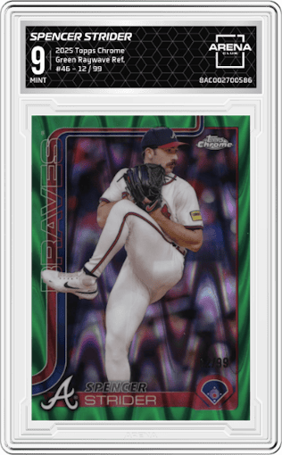 Spencer Strider from the 2025 Topps Chrome set featuring a Green Raywave Refractor parallel graded by Arena Club and given an overall grade of 9.