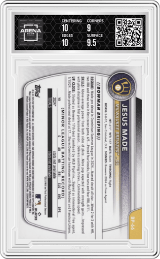 Jesus Made from the 2025 Bowman set featuring a Green Pattern parallel graded by Arena Club and given an overall grade of 9.5.