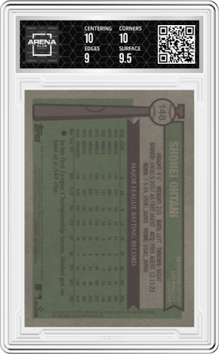 Shohei Ohtani from the 2025 Topps Heritage set graded by Arena Club and given an overall grade of 9.5.