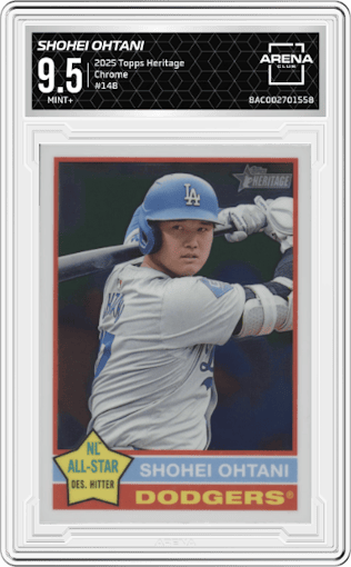 Shohei Ohtani from the 2025 Topps Heritage set graded by Arena Club and given an overall grade of 9.5.