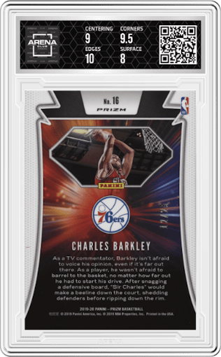 Charles Barkley from the 2019-20 Panini Prizm set featuring a Mojo parallel graded by Arena Club and given an overall grade of 8.5.