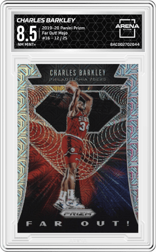 Charles Barkley from the 2019-20 Panini Prizm set featuring a Mojo parallel graded by Arena Club and given an overall grade of 8.5.