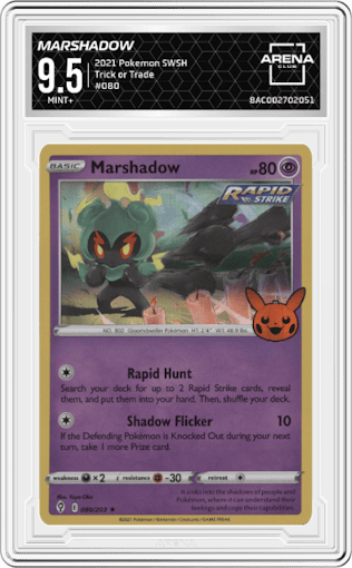 Marshadow from the 2021 Pokemon SWSH set graded by Arena Club and given an overall grade of 9.5.