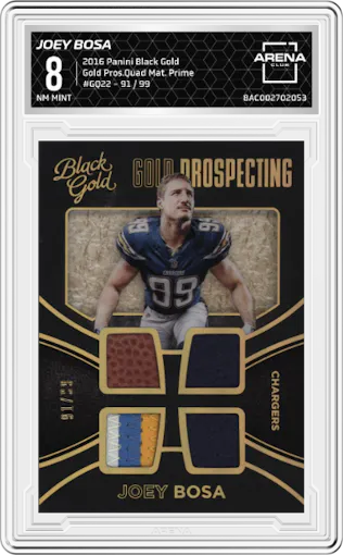 Joey Bosa from the 2016 Panini Black Gold set featuring a Prime parallel graded by Arena Club and given an overall grade of 8.