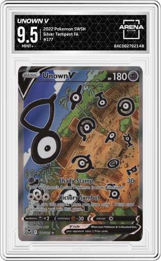 Unown V from the 2022 Pokemon SWSH set graded by Arena Club and given an overall grade of 9.5.