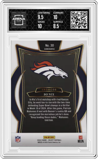 Bo Nix from the 2024 Panini Select set graded by Arena Club and given an overall grade of 9.