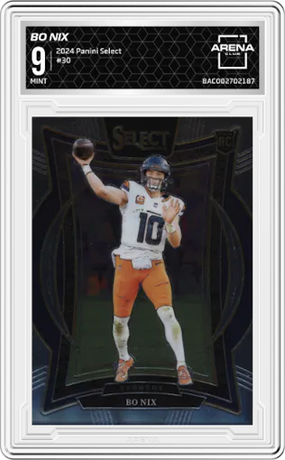 Bo Nix from the 2024 Panini Select set graded by Arena Club and given an overall grade of 9.