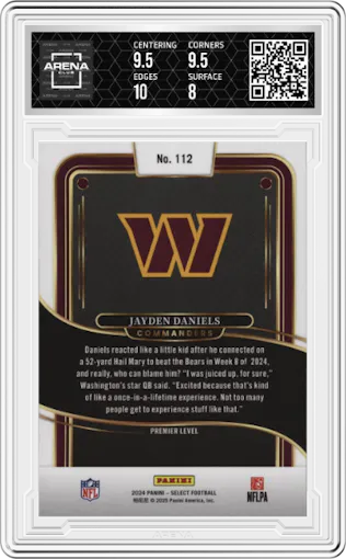 Jayden Daniels  from the 2024 Panini Select set graded by Arena Club and given an overall grade of 8.5.