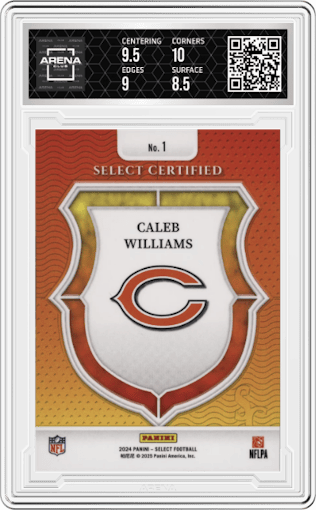 Caleb Williams from the 2024 Panini Select set graded by Arena Club and given an overall grade of 9.
