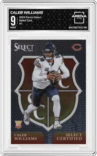 Caleb Williams from the 2024 Panini Select set graded by Arena Club and given an overall grade of 9.