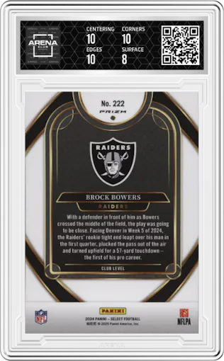 Brock Bowers from the 2024 Panini Select set featuring a Black/Gold Shock parallel graded by Arena Club and given an overall grade of 8.5.