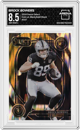 Brock Bowers from the 2024 Panini Select set featuring a Black/Gold Shock parallel graded by Arena Club and given an overall grade of 8.5.