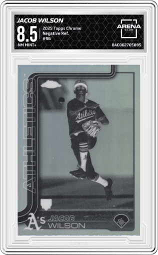 Jacob Wilson from the 2025 Topps Chrome set featuring a Negative Refractor parallel graded by Arena Club and given an overall grade of 8.5.