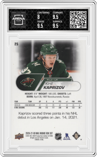 Kirill Kaprizov from the 2020-21 Upper Deck NHL Star Rookies Box Set set graded by Arena Club and given an overall grade of 8.5.