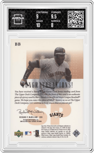 Barry Bonds from the 2001 SP Game-Used Edition  set graded by Arena Club and given an overall grade of 8.5.