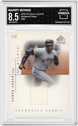 Barry Bonds from the 2001 SP Game-Used Edition  set graded by Arena Club and given an overall grade of 8.5.