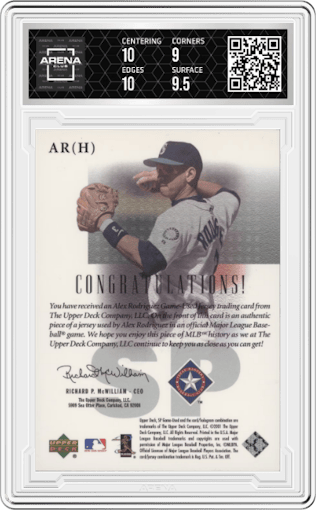 Alex Rodriguez from the 2001 SP Game-Used Edition  set graded by Arena Club and given an overall grade of 9.5.