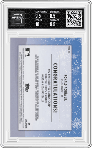 Ronald Acuna Jr. from the 2021 Topps Holiday  set graded by Arena Club and given an overall grade of 9.