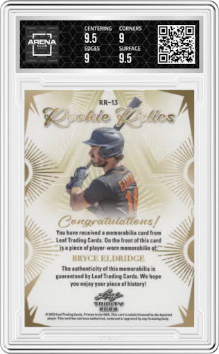 Bryce Eldridge from the 2023 Leaf Trinity set graded by Arena Club and given an overall grade of 9.5.
