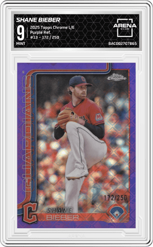 Shane Bieber	 from the 2025 Topps Chrome Logofractor Edition set featuring a Purple Refractor parallel graded by Arena Club and given an overall grade of 9.