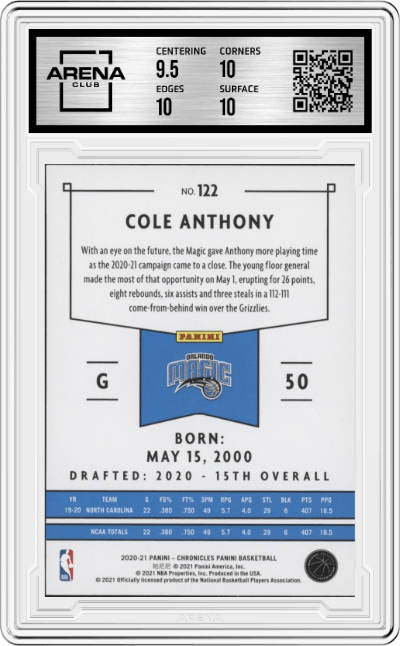 Cole Anthony from the 2020-21 Panini Chronicles set graded by Arena Club and given an overall grade of 10.