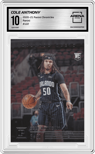 Cole Anthony from the 2020-21 Panini Chronicles set graded by Arena Club and given an overall grade of 10.