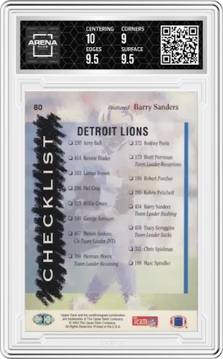 Lions Checklist from the 1993 Upper Deck set graded by Arena Club and given an overall grade of 9.5.