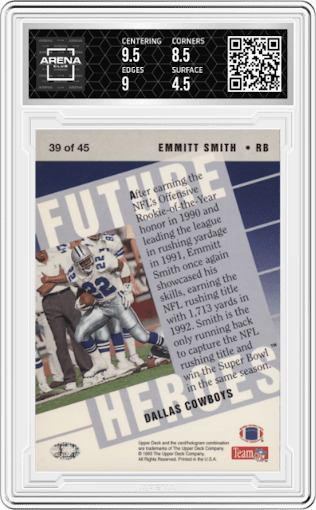 Emmitt Smith from the 1993 Upper Deck set graded by Arena Club and given an overall grade of 5.
