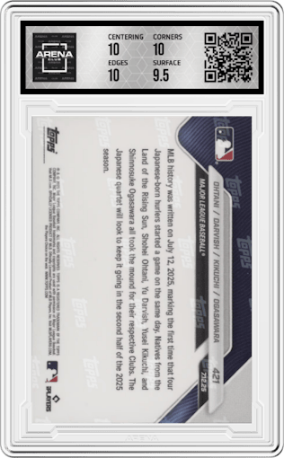 Shohei Ohtani/Yu Darvish/Yusei Kikuchi/Shinnosuke Ogasawara from the 2025 Topps Now set graded by Arena Club and given an overall grade of 10.