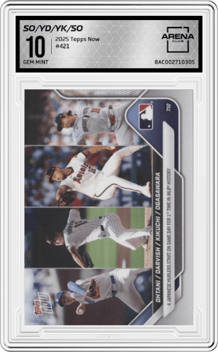 Shohei Ohtani/Yu Darvish/Yusei Kikuchi/Shinnosuke Ogasawara from the 2025 Topps Now set graded by Arena Club and given an overall grade of 10.