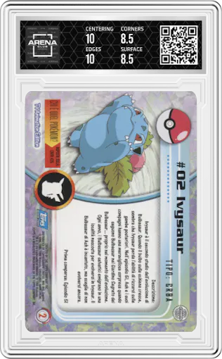 Ivysaur from the 1999 Pokemon Italian set graded by Arena Club and given an overall grade of 9.
