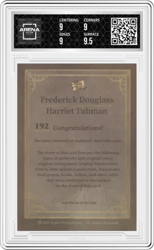 Frederick Douglass/Harriet Tubman from the 2025 The Bar Pieces of the Past Art & Music Edition set graded by Arena Club and given an overall grade of 9.