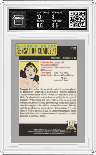 Sensation Comics #1 from the 1992 Impel DC Cosmic set graded by Arena Club and given an overall grade of 8.5.
