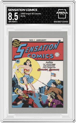 Sensation Comics #1 from the 1992 Impel DC Cosmic set graded by Arena Club and given an overall grade of 8.5.