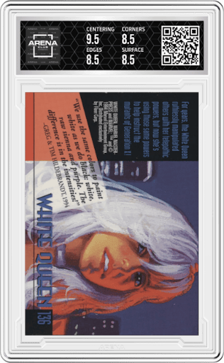 White Queen from the 1994 Fleer Marvel Masterpieces set featuring a Gold Foil Signature parallel graded by Arena Club and given an overall grade of 9.
